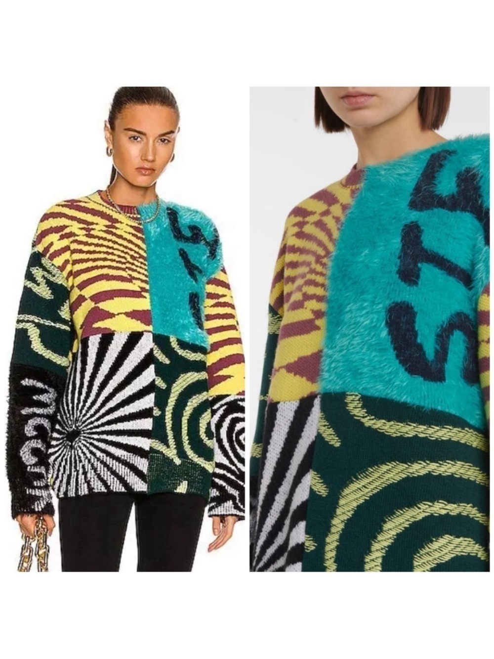 Stella McCartney Multicolor Patchwork Crewneck Sweater - Teal, Yellow & Green
